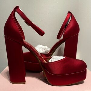 Gianni Bini Satin Platform Heels in Sangria